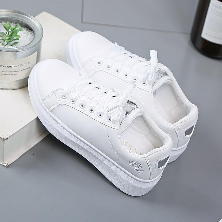 Trendy ladies' sneakers made of synthetic leather with metallic accents – Norell-White - Gold-3-Nora Luxe