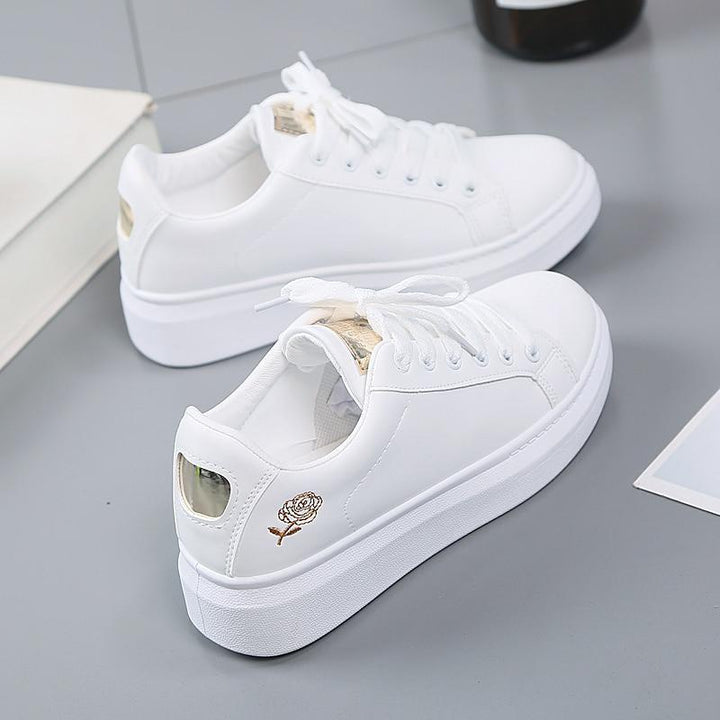 Trendy ladies' sneakers made of synthetic leather with metallic accents – Norell-White - Gold-3-Nora Luxe