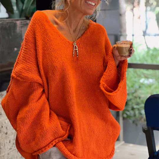 Trendy Ladies' Sweater with V-neck - Clara-Orange-S-Nora Luxe