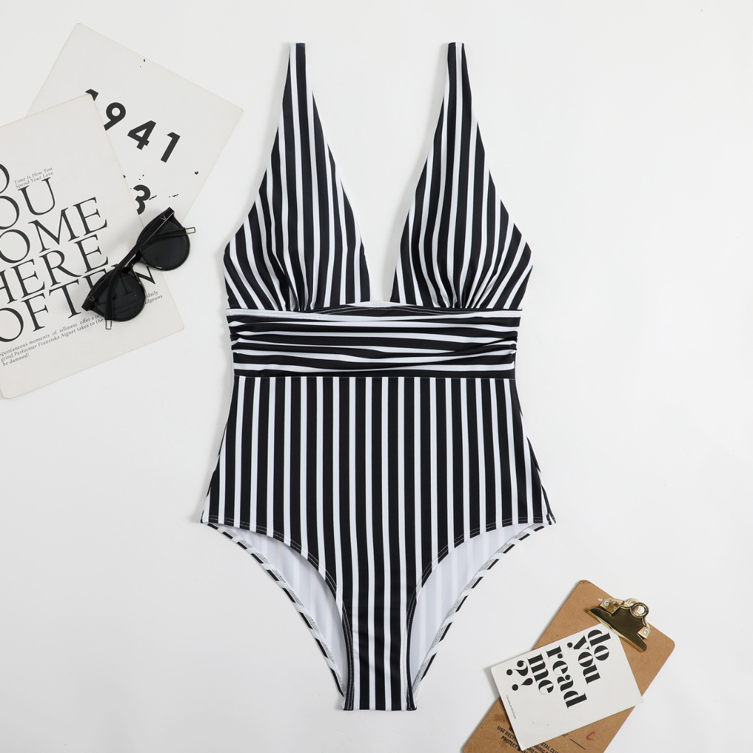 Trendy Ladies' Swimsuit with V-Neck and Striped Pattern – Lina-Beige-S-State of Style