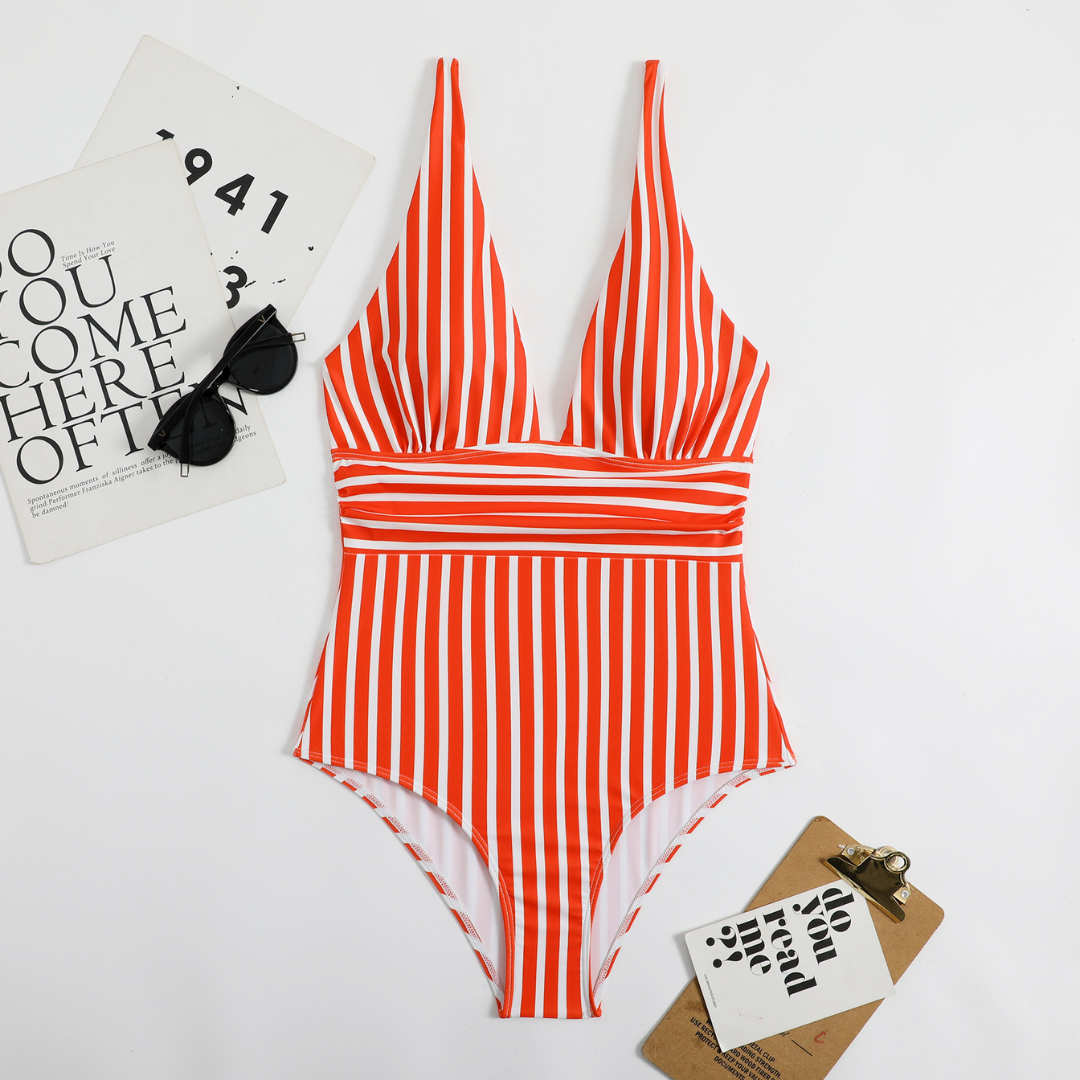 Trendy Ladies' Swimsuit with V-Neck and Striped Pattern – Lina-Orange-S-State of Style