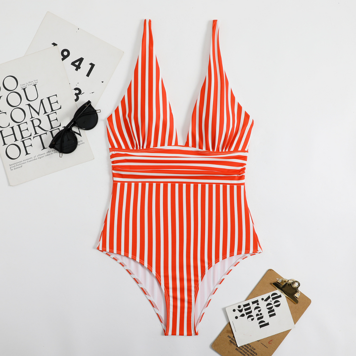 Trendy Ladies' Swimsuit with V-Neck and Striped Pattern – Lina-Orange-S-State of Style