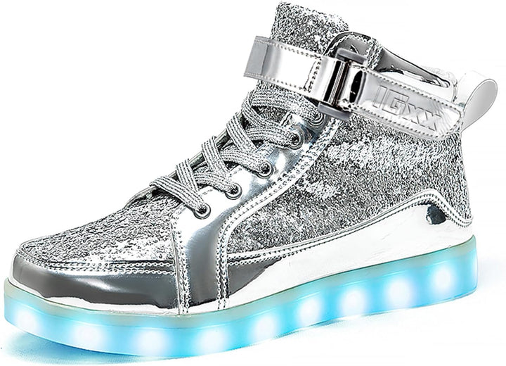 Trendy LED Sneakers with Rechargeable Lighting - LumaBoost-Glitter Silver-2.5-Nora Luxe