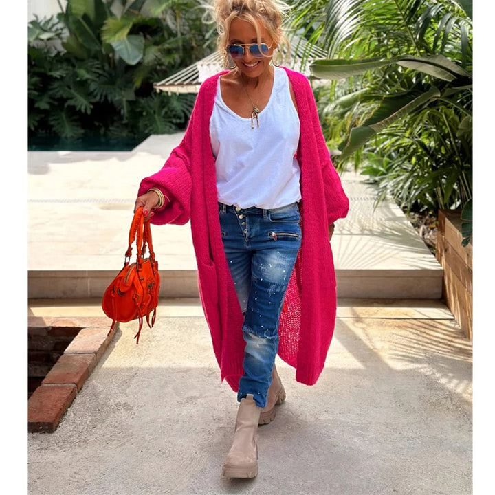 Trendy Long Knitted Cardigan - Sofia-Orange-One Size-Nora Luxe