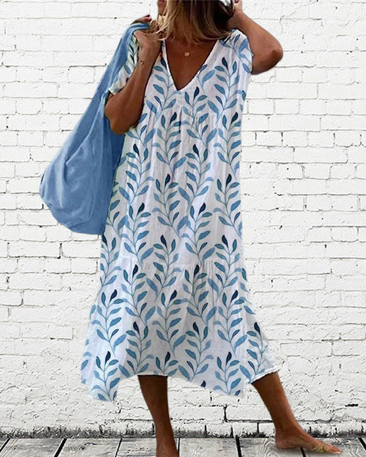 Trendy midi dress with leaf pattern and V-neck – Nea-S-Nora Luxe