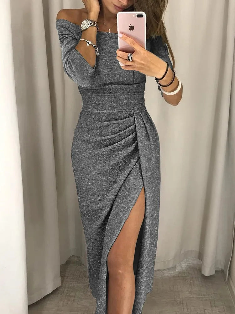 Trendy Off-the-Shoulder Dress - Livia-Gray-S-Nora Luxe