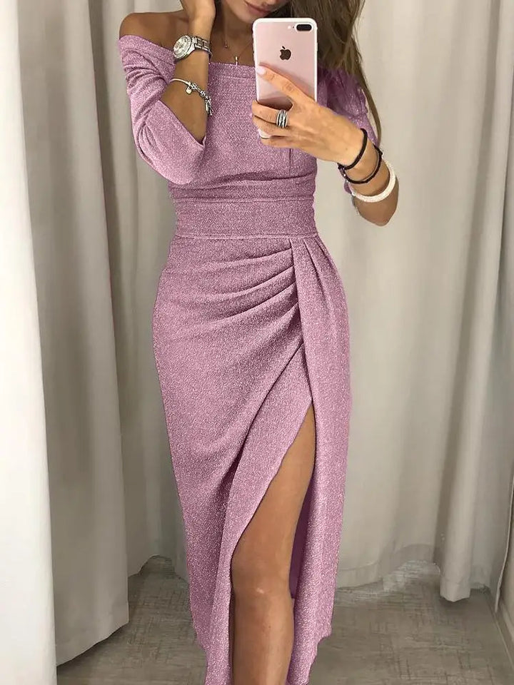 Trendy Off-the-Shoulder Dress - Livia-Pink-S-Nora Luxe