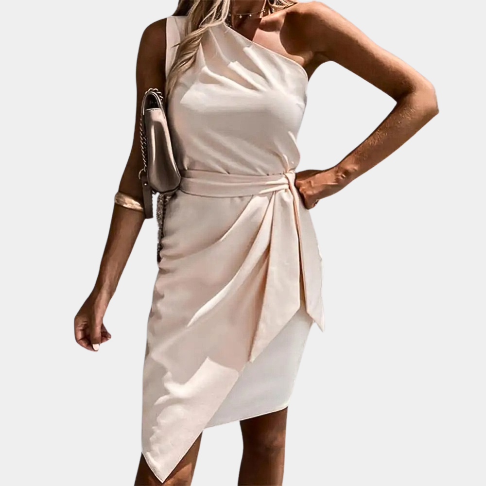 Trendy One-Shoulder Dress with Waistband - Adriana-Apricot-S-Nora Luxe