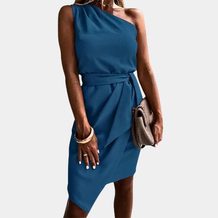 Trendy One-Shoulder Dress with Waistband - Adriana-Blue-S-Nora Luxe