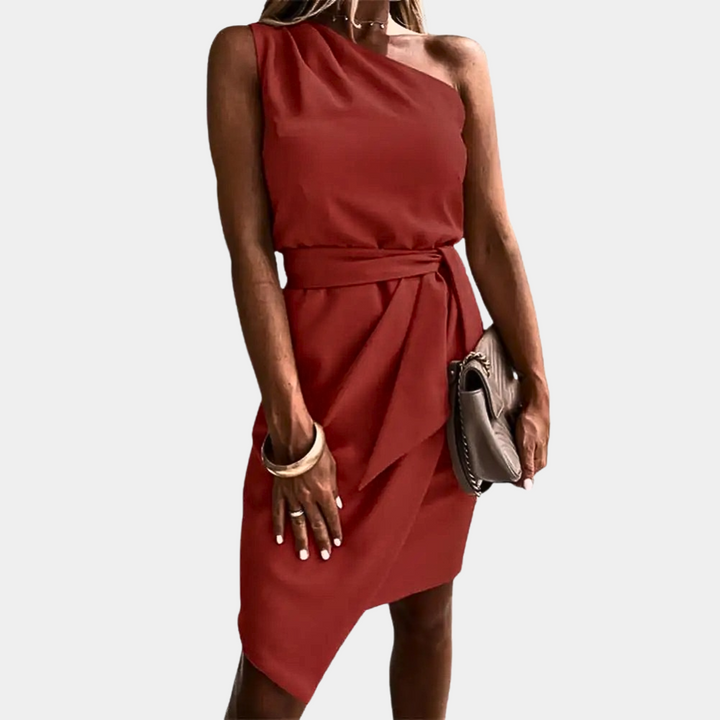 Trendy One-Shoulder Dress with Waistband - Adriana-Red-S-Nora Luxe
