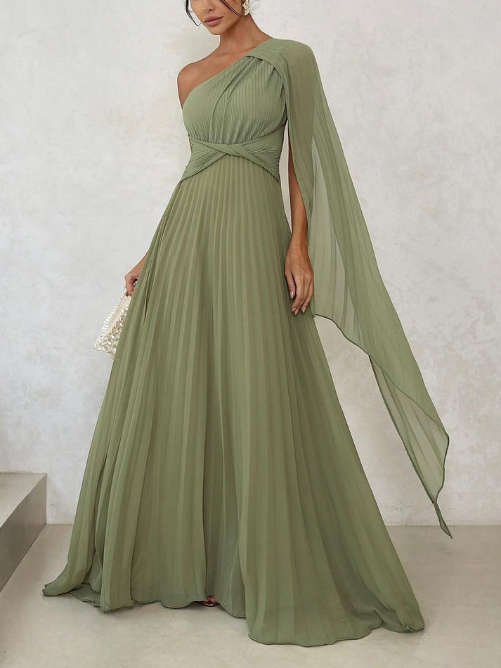 Trendy one-shoulder maxi dress with pleats – Mirella-Green-XS-Nora Luxe