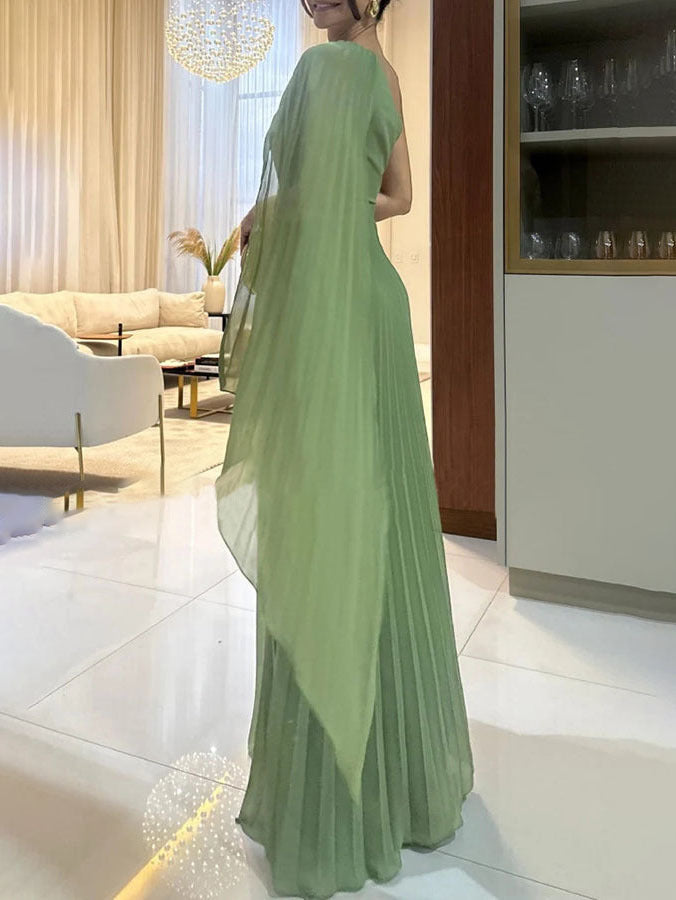 Trendy one-shoulder maxi dress with pleats – Mirella-Green-XS-Nora Luxe