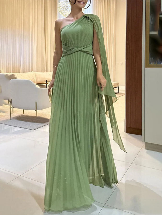 Trendy one-shoulder maxi dress with pleats – Mirella-Green-XS-Nora Luxe