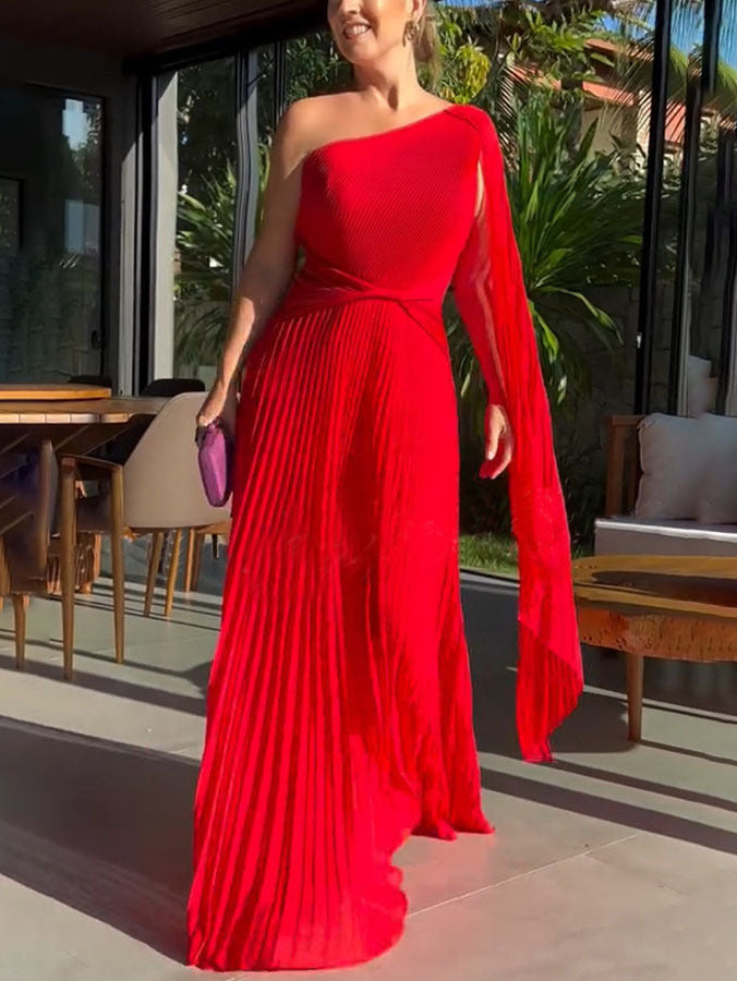 Trendy one-shoulder maxi dress with pleats – Mirella-Red-XS-Nora Luxe