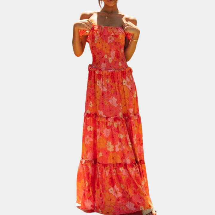 Trendy Orange Floral Print Dress - Elara-S-Nora Luxe
