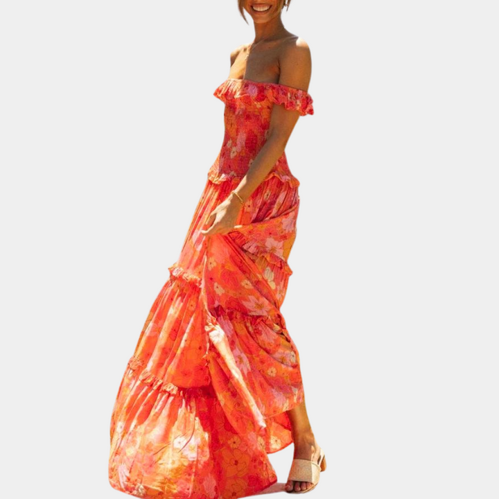 Trendy Orange Floral Print Dress - Elara-S-Nora Luxe