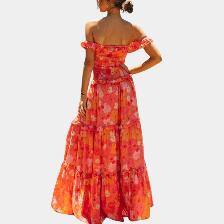 Trendy Orange Floral Print Dress - Elara-S-Nora Luxe