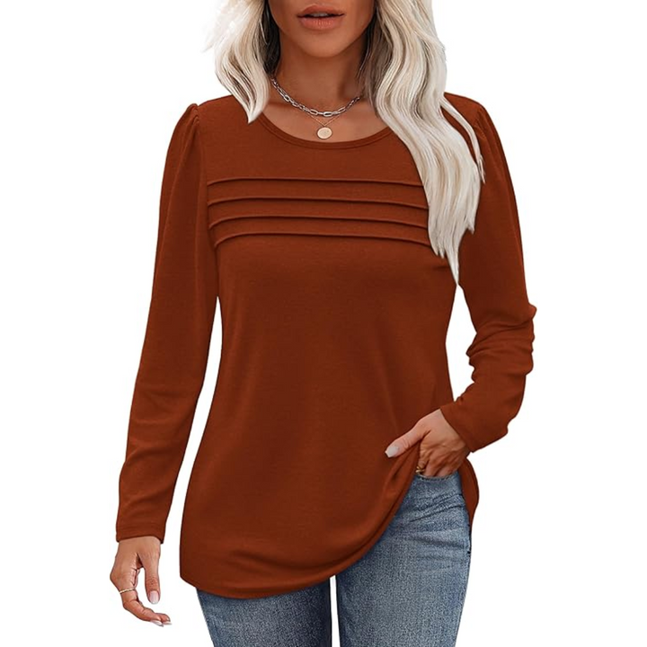 Trendy Pleated Long Sleeve Tunic Top - Sarah-Caramel-M-Nora Luxe