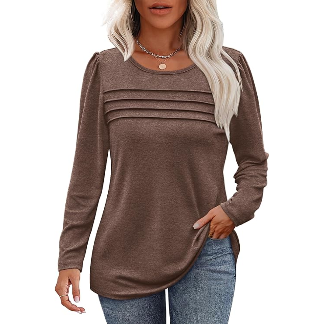 Trendy Pleated Long Sleeve Tunic Top - Sarah-Coffee-M-Nora Luxe