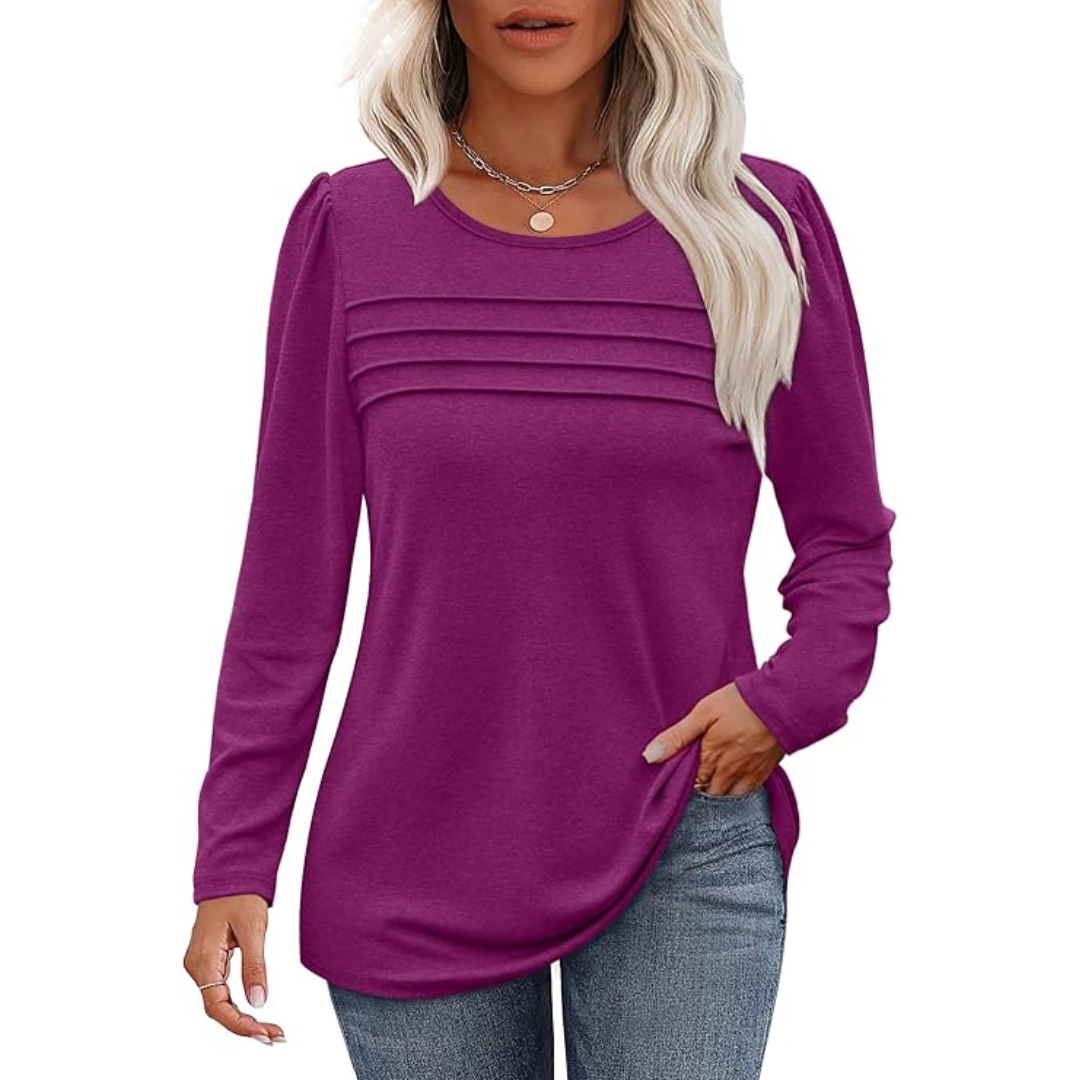 Trendy Pleated Long Sleeve Tunic Top - Sarah-Fuchsia-M-Nora Luxe