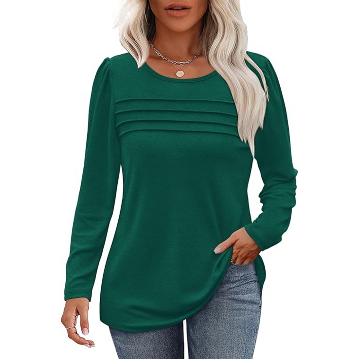 Trendy Pleated Long Sleeve Tunic Top - Sarah-Green-M-Nora Luxe