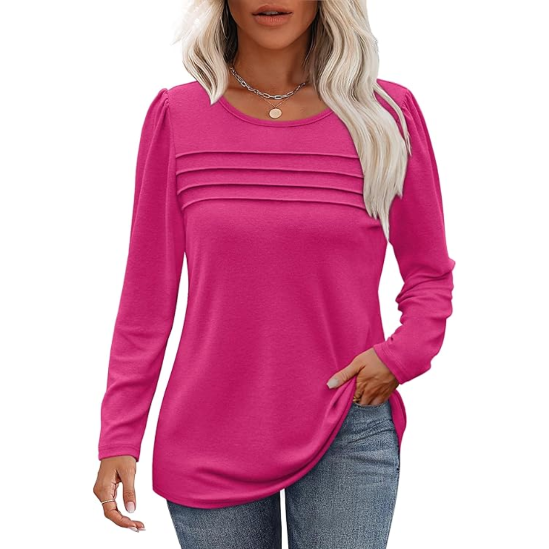 Trendy Pleated Long Sleeve Tunic Top - Sarah-Pink-M-Nora Luxe