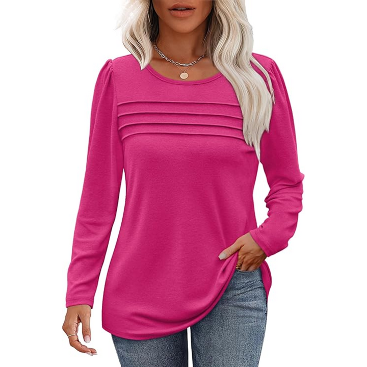 Trendy Pleated Long Sleeve Tunic Top - Sarah-Pink-M-Nora Luxe
