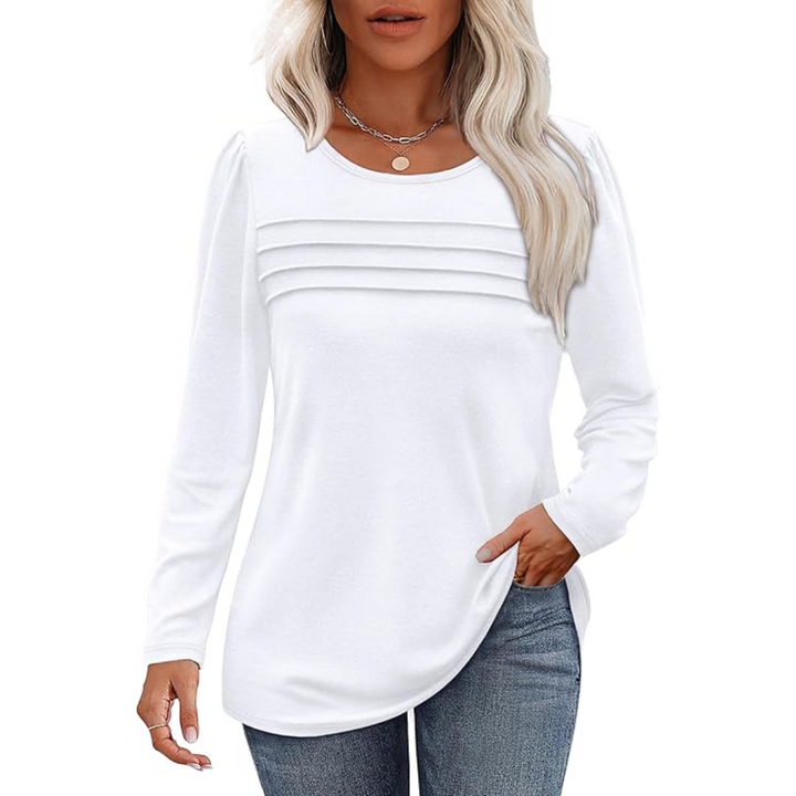 Trendy Pleated Long Sleeve Tunic Top - Sarah-White-M-Nora Luxe