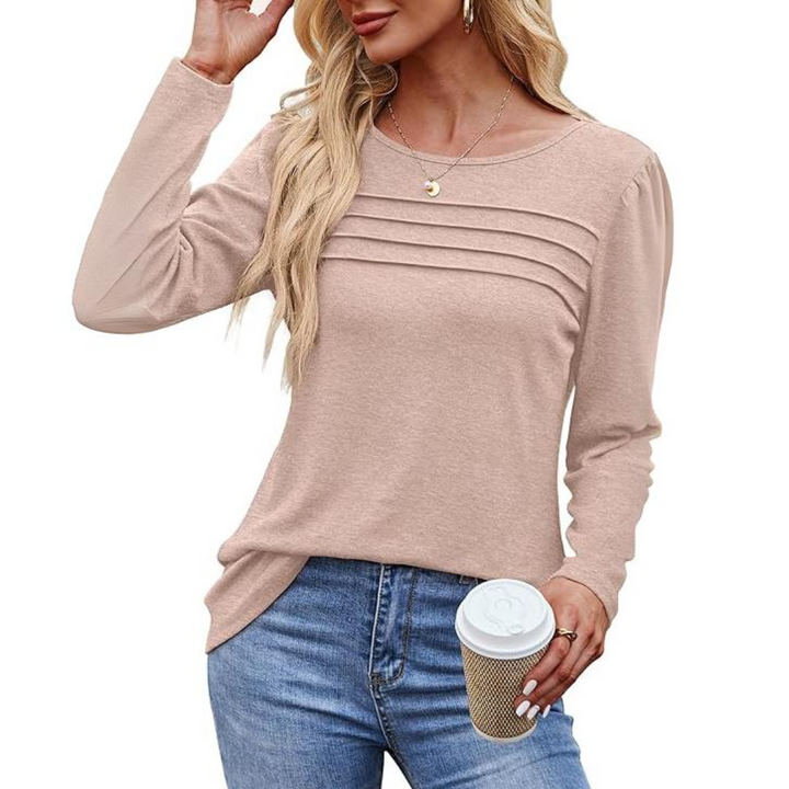 Trendy Pleated Long Sleeve Tunic Top - Sarah-White-M-Nora Luxe