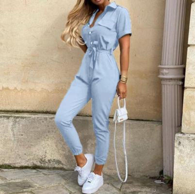 Trendy retro jumpsuit with button placket – Velia-Light blue-S-Nora Luxe