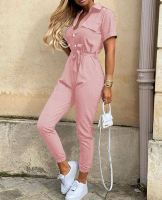 Trendy retro jumpsuit with button placket – Velia-Pink-S-Nora Luxe