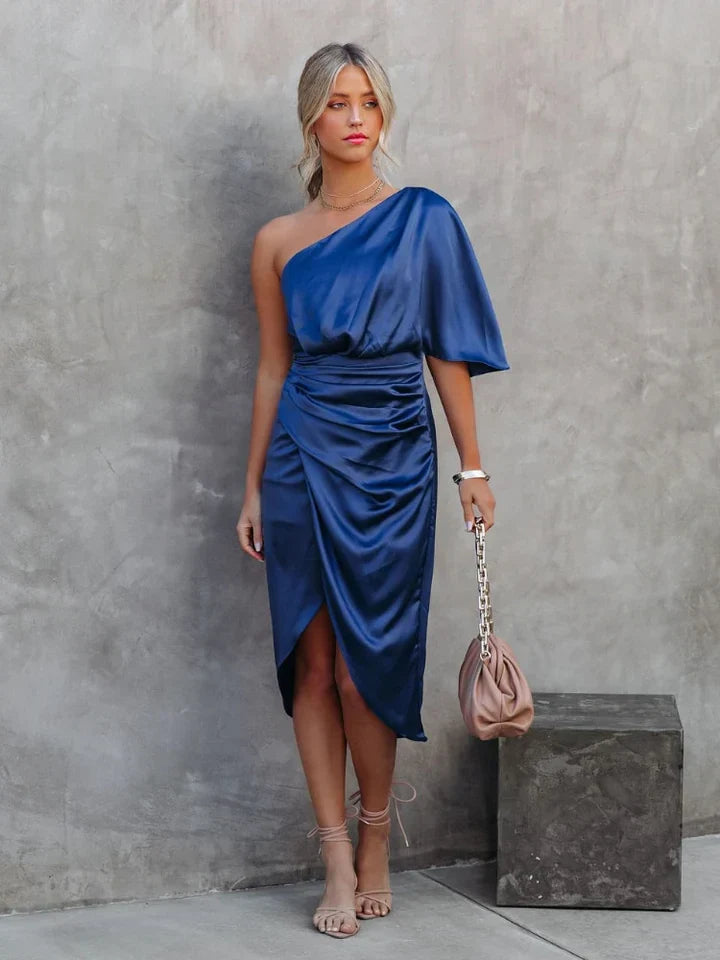 Trendy Satin One-Shoulder Dress - Clara-S-Blue-Nora Luxe