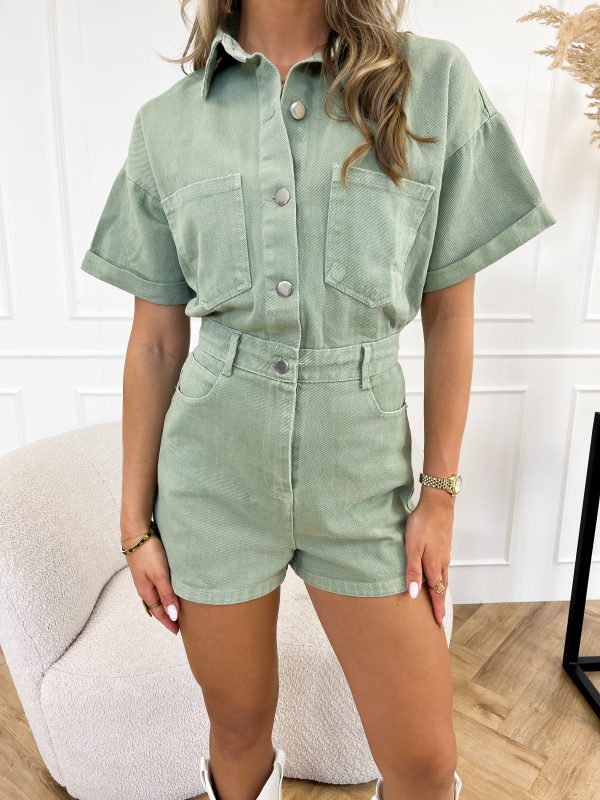 Trendy short-sleeved denim jumpsuit with shirt design – Mila-Green-XS-Nora Luxe