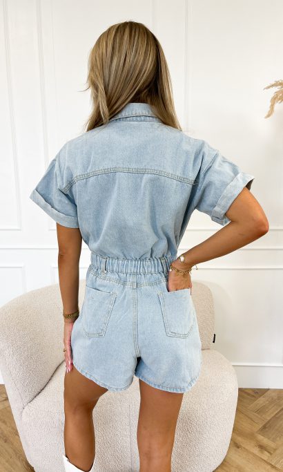 Trendy short-sleeved denim jumpsuit with shirt design – Mila-Green-XS-Nora Luxe