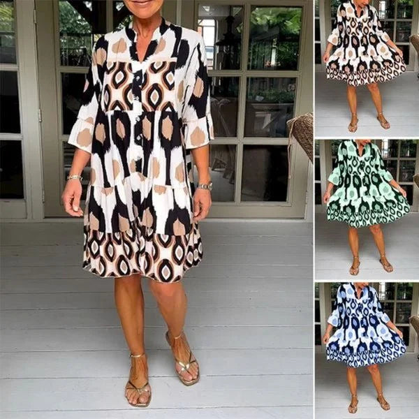 Trendy short-sleeved dress with abstract print & loose fit – Liora-Brown-S-Nora Luxe