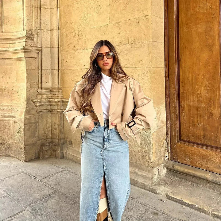 Trendy Short Women's Trench Coat with Belt – Amelie-Beige-XS-Nora Luxe