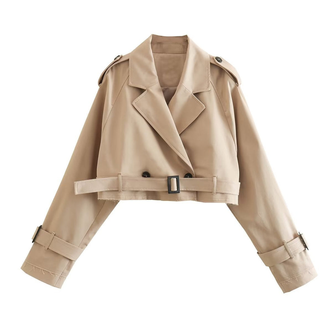 Trendy Short Women's Trench Coat with Belt – Amelie-Khaki-XS-Nora Luxe