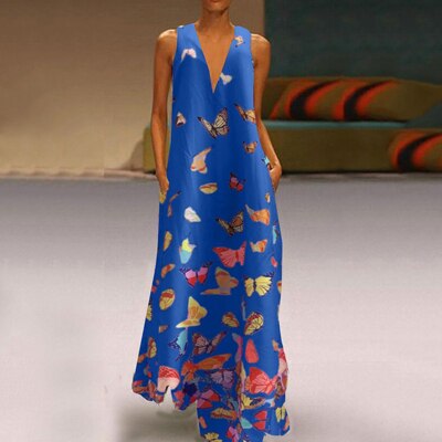 Trendy Sleeveless Maxi Summer Dress with Butterfly Print – Malia-Blue-S-Nora Luxe