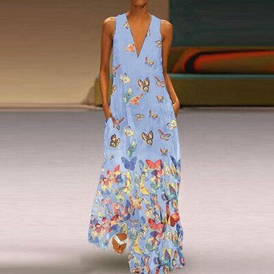 Trendy Sleeveless Maxi Summer Dress with Butterfly Print – Malia-Light blue-S-Nora Luxe