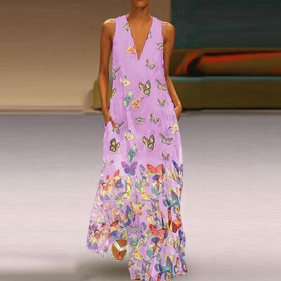 Trendy Sleeveless Maxi Summer Dress with Butterfly Print – Malia-Light Purple-S-Nora Luxe