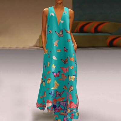 Trendy Sleeveless Maxi Summer Dress with Butterfly Print – Malia-Turquoise-S-Nora Luxe