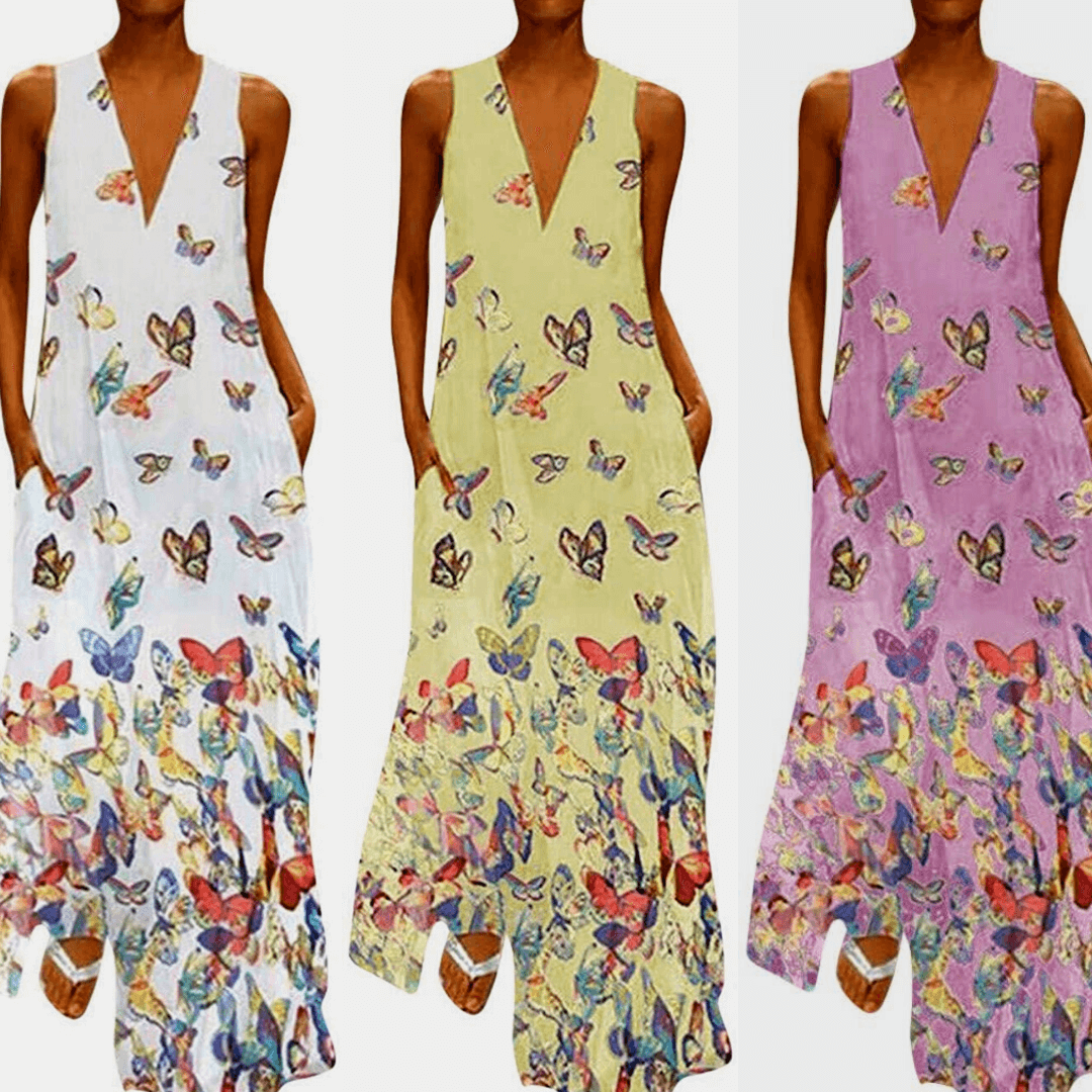Trendy Sleeveless Maxi Summer Dress with Butterfly Print – Malia-White-S-Nora Luxe