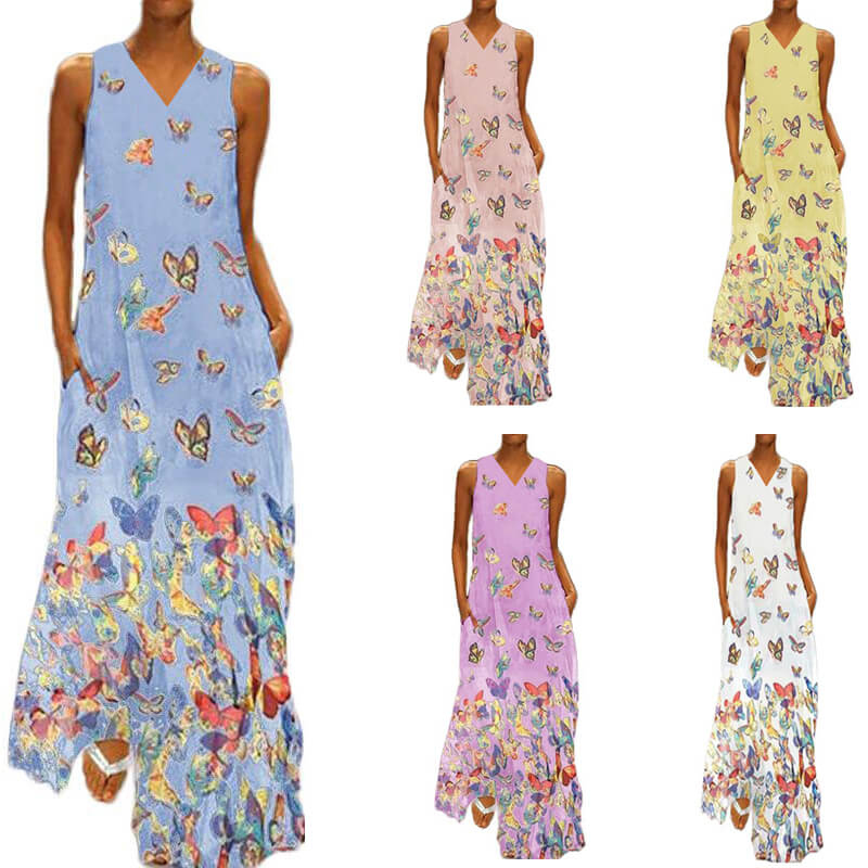 Trendy Sleeveless Maxi Summer Dress with Butterfly Print – Malia-White-S-Nora Luxe