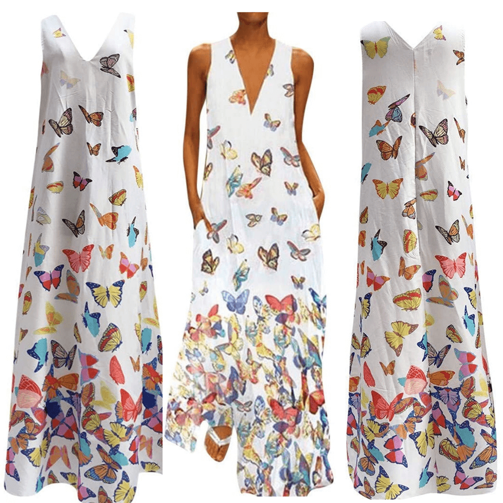 Trendy Sleeveless Maxi Summer Dress with Butterfly Print – Malia-White-S-Nora Luxe