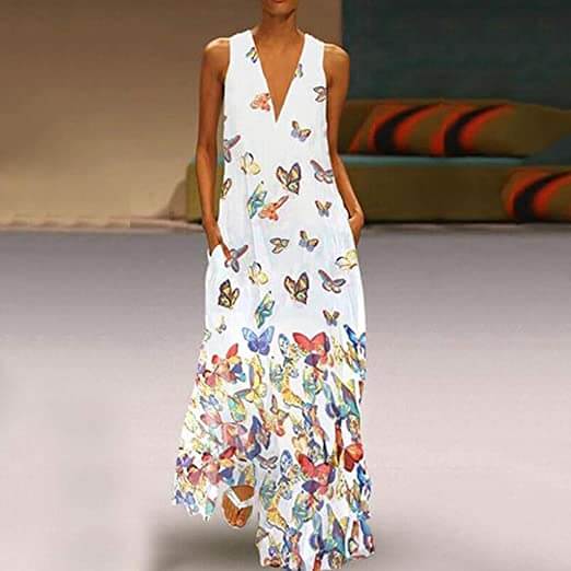 Trendy Sleeveless Maxi Summer Dress with Butterfly Print – Malia-White-S-Nora Luxe