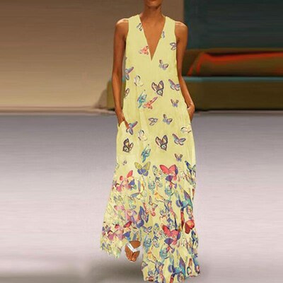 Trendy Sleeveless Maxi Summer Dress with Butterfly Print – Malia-Yellow-S-Nora Luxe