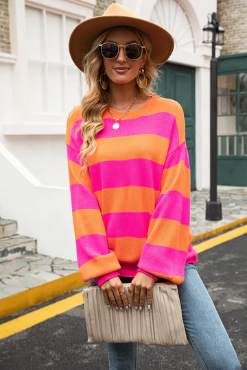 Trendy Striped Women's Sweater - Sohpie-Orange-S-The Livary