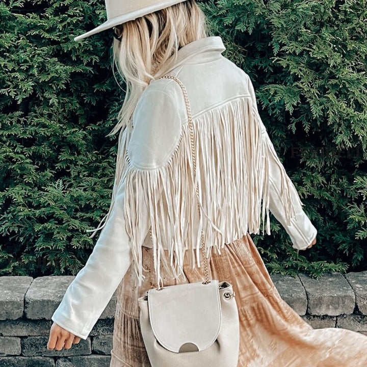 Trendy Suede Ladies Jacket with Fringes - Isabella-Black-S-Nora Luxe
