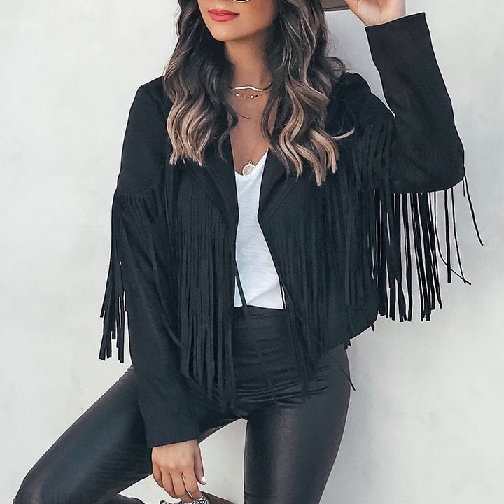 Trendy Suede Ladies Jacket with Fringes - Isabella-Black-S-Nora Luxe