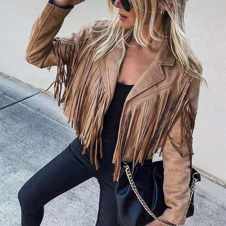 Trendy Suede Ladies Jacket with Fringes - Isabella-Chestnut brown-S-Nora Luxe